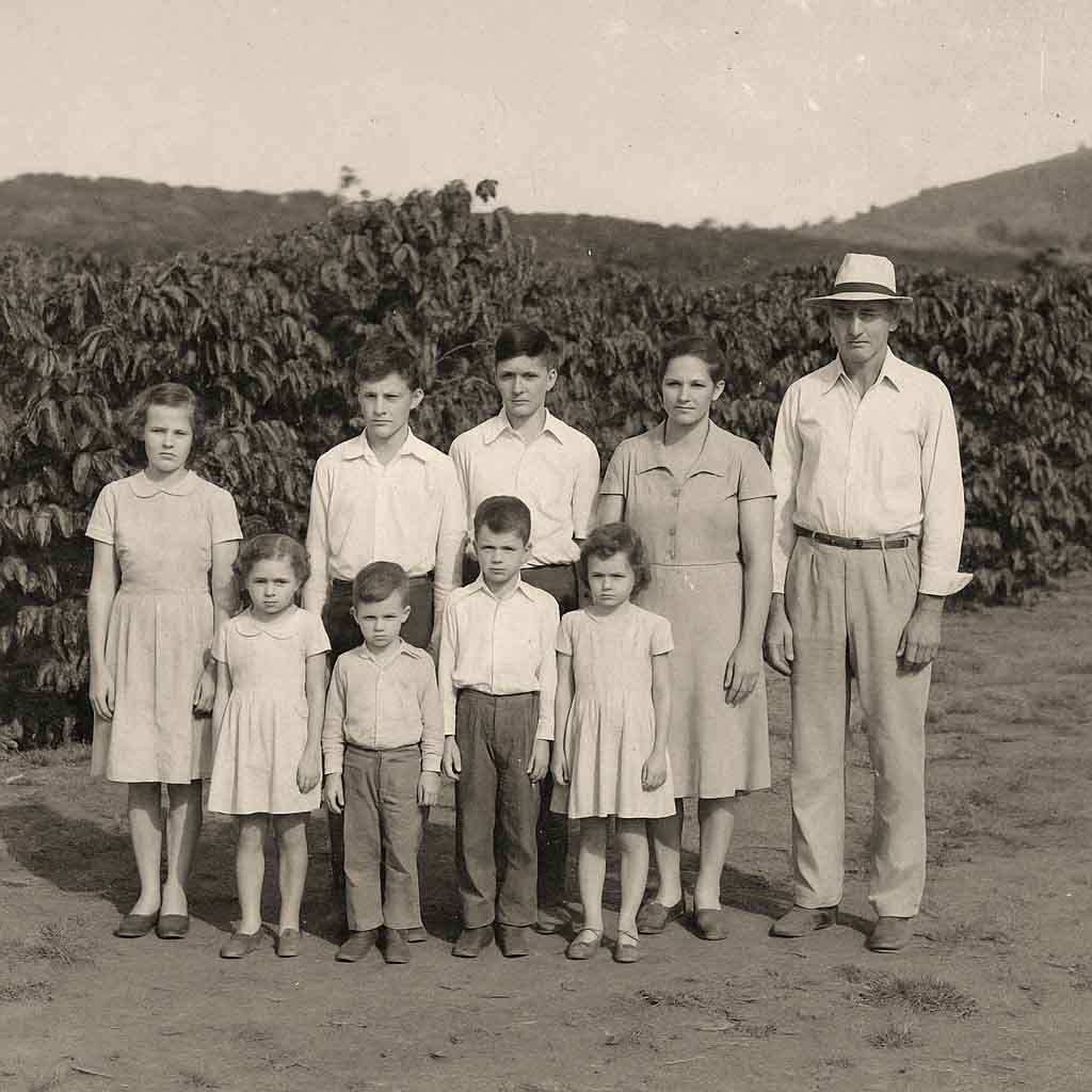 Foto antiga da família Stevanatto no cafezal